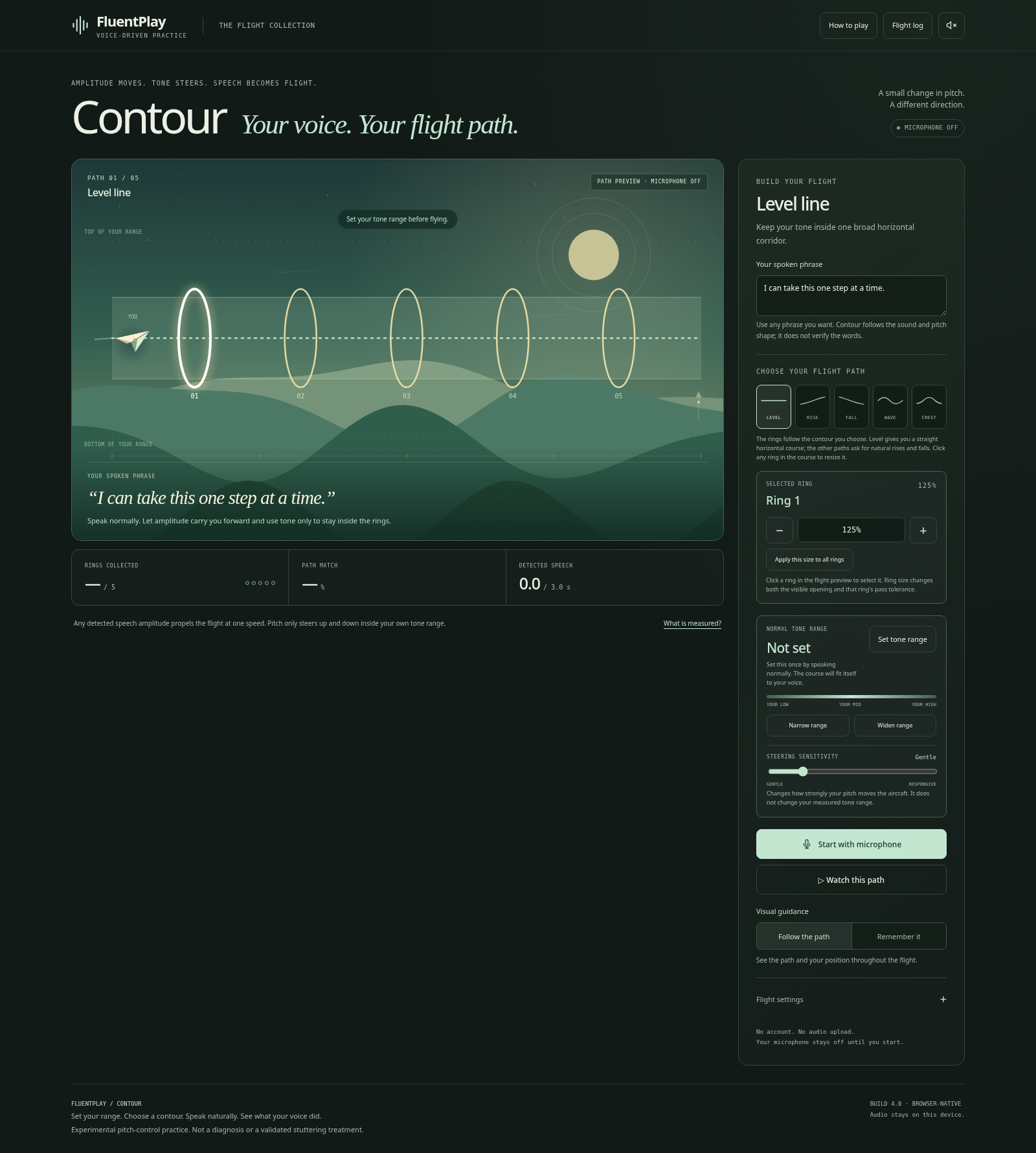 Contour voice-driven flight game with rings and a flight path